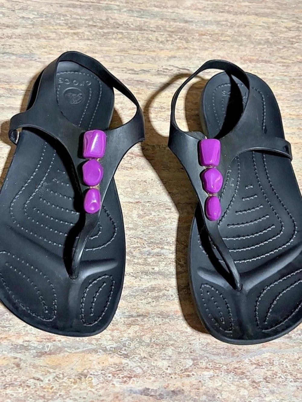 Crocs Sexi Flip Black Sandals with purple gems US 8